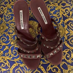 MANOLO BLAHNIK 3 STRAP STUDDED HEELED SANDALS